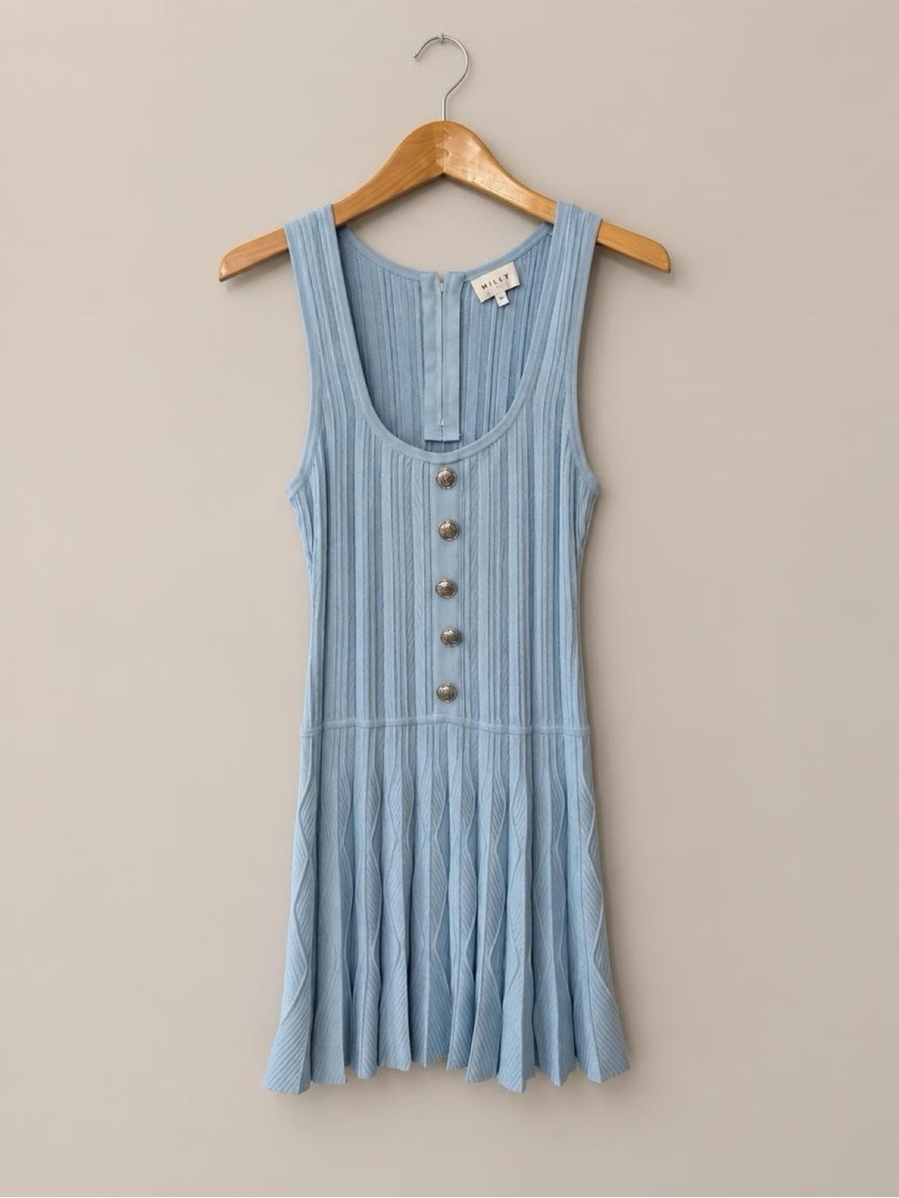 Milly Light Blue Ribbed Knit Mini Dress with Front Buttons